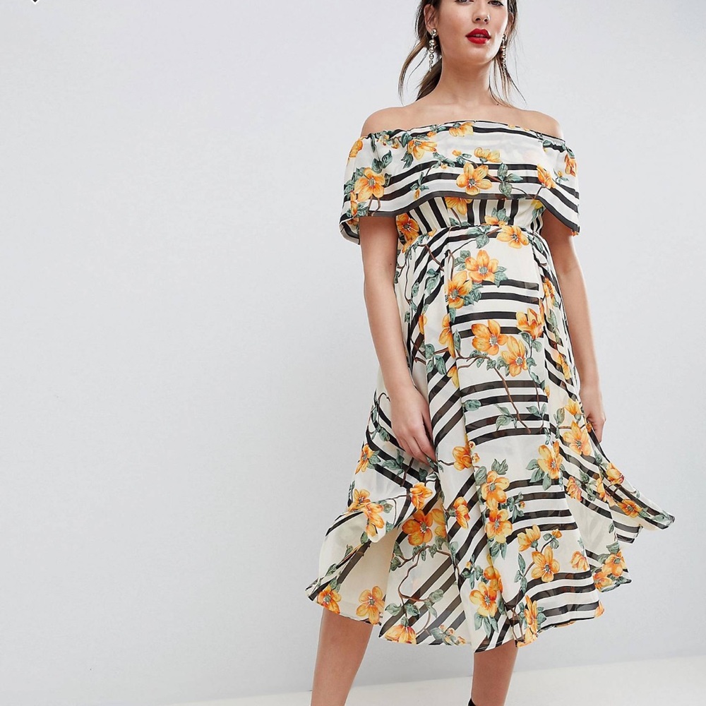 ASOS DESIGN Maternity soft bandeau midi dress in stripe and floral print